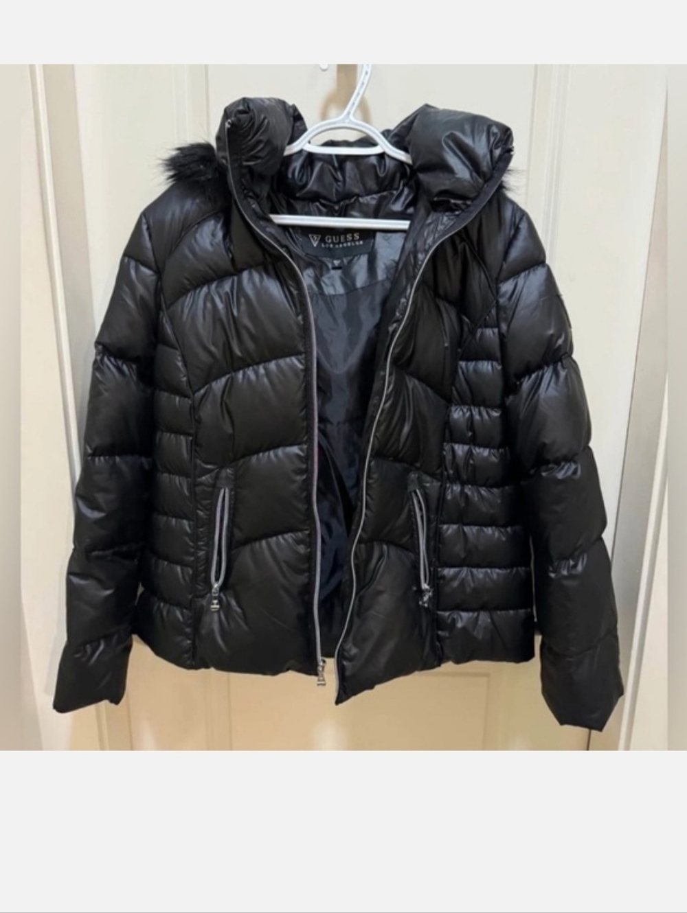 GUESS Black Shiny Puffer With Faux Fur Hoodie Ladies Size XL